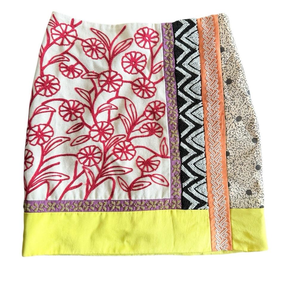 Anthropologie Embroidered Mini Skirt 0 Boho Floral Patchwork Festival